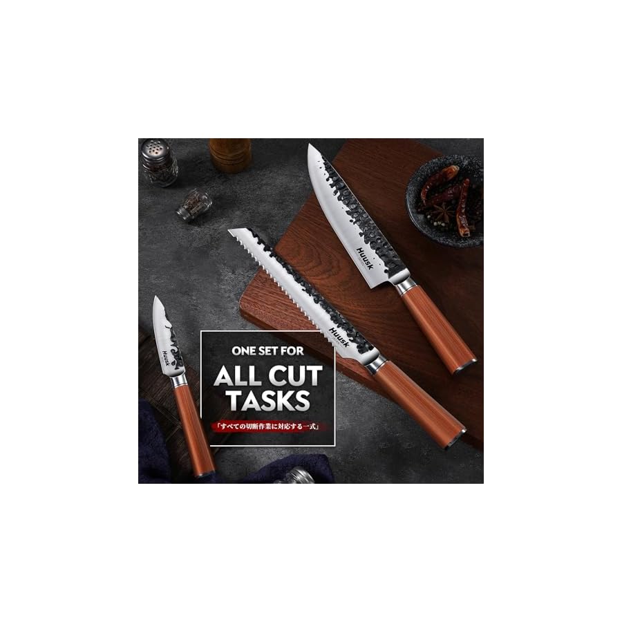 Huusk Japanese Kitchen Knife Set of 3, Professional Chef Knives Set for Kitchen, Sharp Cooking Knife Set with Bread, Gyuto & Paring Knives, High Carbon Steel Sharp Cutting Knives, Gift for Men