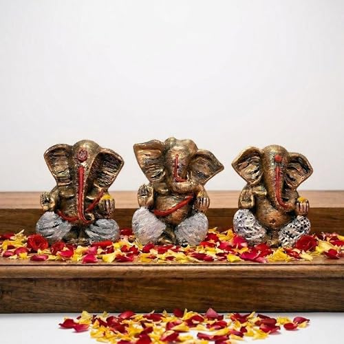 Image of Kuber Industries Set of 3 Small Bal Ganesha Figurines for Car Dashboard | Resin Ganpati Murti | Idols for Home Decor /Temple /Office Desk & Puja | Brown