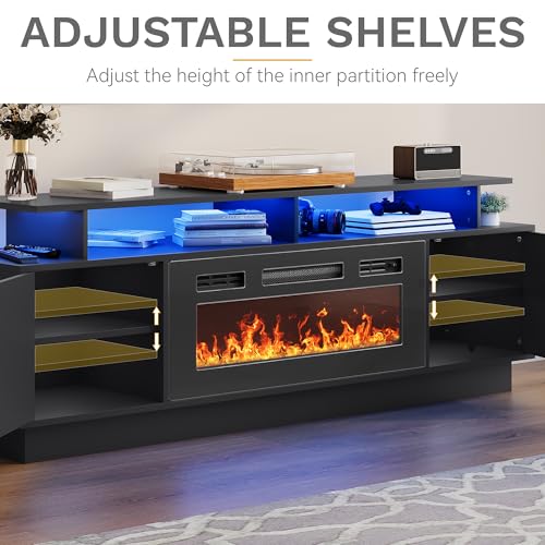 DWVO Fireplace TV Stand with 36" Electric Fireplace, Entertainment Center with LED Lights, Modern TV Cabinets for 65/75 Inch TVs for Living Room, Black