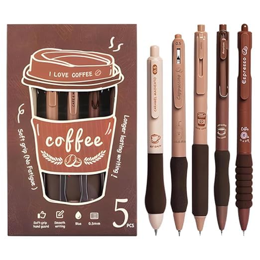 NEEYATI Coffee Theme Stationery Items – 0.5mm Retractable Blue Ink Gel Pens Set of 5, Cute Pen for School, College Teenagers, Aesthetic Office Fine Point Smooth Writing Pens for School Office Supplies