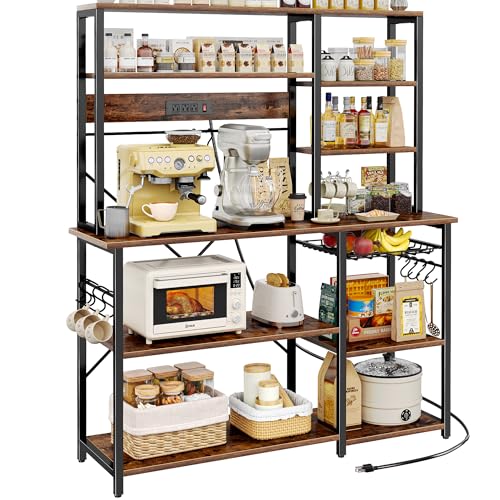 Image of SUPERJARE Larger Bakers Rack with Power Outlets, 6-Tier Microwave Stand, Coffee Bar with 12 S-Shaped Hooks, Kitchen Shelf with Wire Basket, 47.2 x 15.5X 66.9 Inches, Rustic Brown