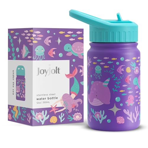 JoyJolt Kids Water Bottle with Straw Lid, 12oz Small Stainless Steel Reusable Tumbler for Kids, Girls, Boys, or Teen, Vacuum Insulated Water Bottle for School, Travel, and Outdoors, Leakproof