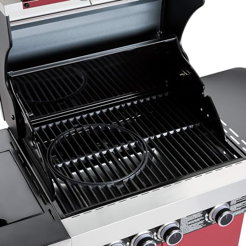 Gasgrill BBQ CHIEF 6.0-3 Edelstahl Brenner, Seitenbrenner, 10,5 kW, Gusseisen Grillrost, Deckel, Thermometer, Rollen, Rot - Grill, Grillwagen, Grillstation für Camping, Balkon,... – Bild 4