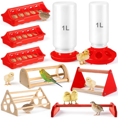 Ferrochef 9 Pcs Chick Feeder and Waterer Kit Feeding Supplies with Mini Perch Chicken Starter Kit Small Chick Brooder Box for Chicken Duck Quail Coop Small Poultry