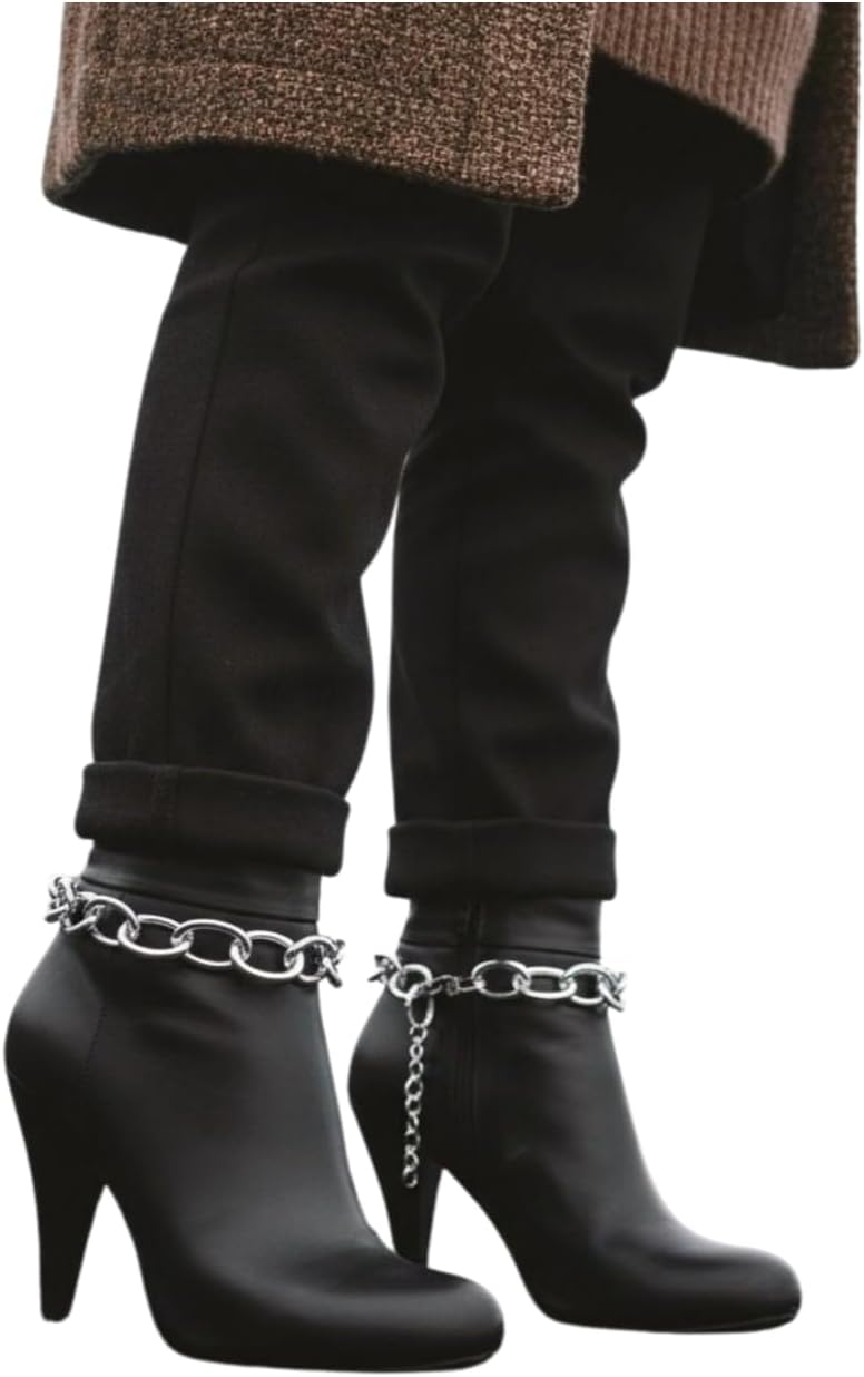 Women’s Silver-Tone Chunky Chain Boot Bracelet Pair, Y2K Oval Link Shoe Anklet Straps, Adjustable 11–15 In, 2PCS Metal Boot Jewelry, BC155