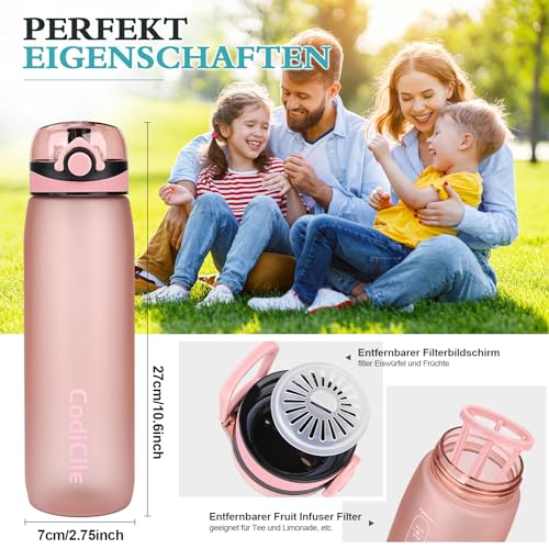 CodiCile Trinkflasche 1L, Wasserflasche 1L BPA-Frei, Auslaufsichere 1 Liter Trinkflasche, Tritan Sportflasche mit Filter für Fitness… – Ansicht 3