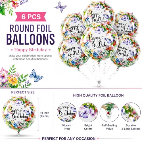 Image of Rozi Decoration Butterfly Theme Happy Birthday Foil Balloons Set of 6 Pcs, 18 Inch Round Printed for Theme Decor, Floral Butterfly Party Balloons for Girls Bday Party Supplies & Celebration Decor