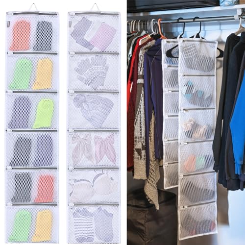 Hanging Closet Organizer with Pockets, 2-Pack Sock Organizers for Washing and Drying, Storage Bags can Organize Socks, Bra Underwear Underpants and Scarves Gloves, Hanging Travel Organizer