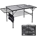 JOUYEK Folding Grill Table, 3x2 FT Portable Camping Table with 2 Wing Panels, Height Adjustable Metal Table with Mesh Desktop and Mesh Bag, Outdoor Table for Camping, Picnic, Beach and BBQ, Black