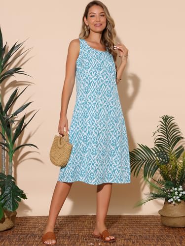 Image of Seta T Women's Summer Dresses Beach Casual Sleeveless Sundress Crewneck Print Loose Midi Tank Dress with Pockets