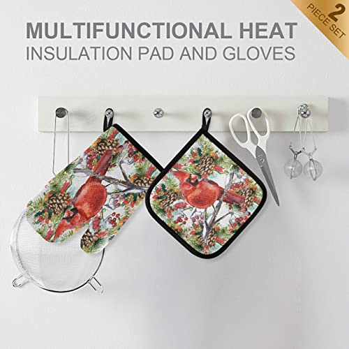 Vintage Cardinal Birds Fir Branch Oven Mitts And Pot Holders Sets Watercolor Christmas Red Berries Hot Pads Heat Resistant Cooking Gloves Handling Kitchen Cookware Bakeware Bbq #TOP2