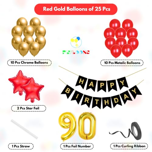 Image of Flyloons 90th Happy Birthday Decoration Kit Red Gold for Boys Girls Men Women Adults With 20 Pcs Chrome Balloons Birthday Banner 2 Pcs Star Items Set