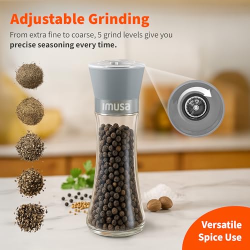 Image of IMUSA Salt Shaker and Pepper Grinder Set, 2-Pack, Manual | Adjustable ceramic core for fine-to-coarse grinding, ergonomic grip, glass base resists stains, 6oz means fewer refills