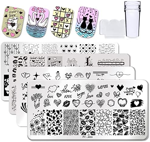 4Pcs Valentines Day Nail Art Stamping Plates Heart Lips Love Pattern Designs Nail Stamp Templates Kit with 1 Stamper DIY Stainless Steel Nail Image Polish Template Kit Manicure Stencils Tools