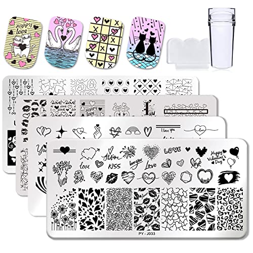 4Pcs Valentines Day Nail Art Stamping Plates Heart Lips Love Pattern Designs Nail Stamp Templates Kit With 1 Stamper Diy Stainless Steel Nail Image Polish Template Kit Manicure Stencils Tools #TOP2