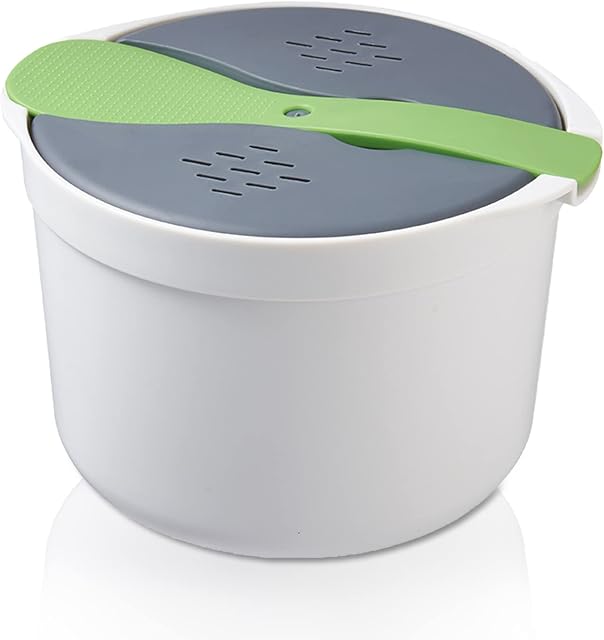 plplaaoo 2L Microwave Rice Cooker, 7.3 x 7.3 x 5.1in Microwave Cookware, Food Grade PP Microwave Rice Steamer Cooker with Lid and Strainer, Microwave Rice Maker, Easy To Use(Green)