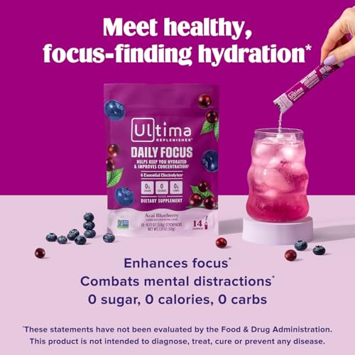Image of Ultima Replenisher Daily Focus Supplement, Acai Blueberry, 14 Stickpacks | Daily Zero Sugar Electrolyte Powder Hydration Packets with 6 Key Electrolytes & L-Theanine to Improve Focus - Keto Friendly