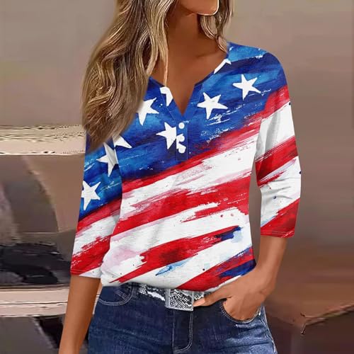 Image of 4th of July Shirts Women 3 /4 Length Sleeve Womens Tops Henley Neck Casual Patriotic T Shirts