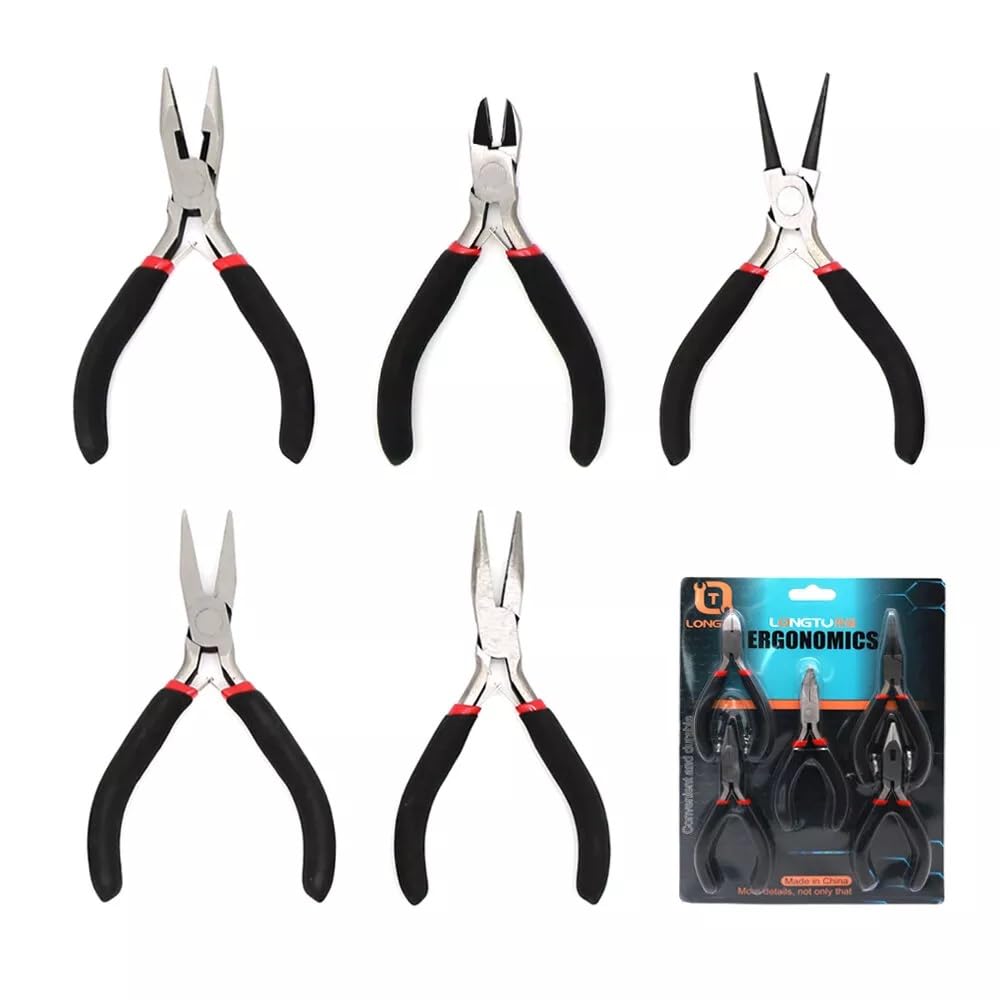Jewelry Making Pliers Set, 5 Pieces, Professional Tool Kit with Needle Nose, Chain Nose, Round Bent Pliers, Wire Cutter, Black-image-2
