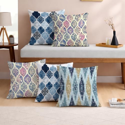 STITCHNEST Set of 5 Polycotton Cushion Covers – 24x24 Inches – Blue & Beige Moroccan and Ikat Print Combo – Elegant Sofa Cushion Covers for Living Room | Perfect for Home Decor