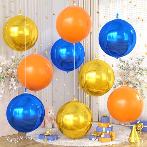 Image of 9 Pcs Orange Blue Gold Round Foil Balloons,22 Inch Round Balloons | Orange Blue Gold Giant 4D Round Ball Balloons For Kids Birthday Graduation Summer Carnival Party Decorations