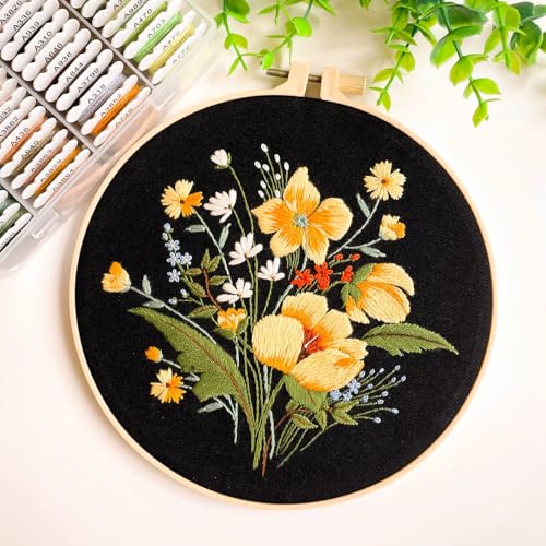 Image of Silentsea 3 Embroidery Kits-Beginner Collection, Includes All Needed 3 Plastic Hoops, 3 Embroidery Fabrics with Patterns, Threads, Needles, and More.