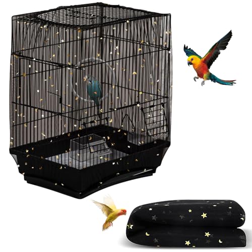 Image of Bird Cage Seed Catcher, Seed Catcher Guard Net Cover, Parrot Nylon Mesh Net Cover, Universal Soft Airy Cage Net Stretchy Skirt for Round Square Cages (Star-Black, 15.7 inch x87 inch)
