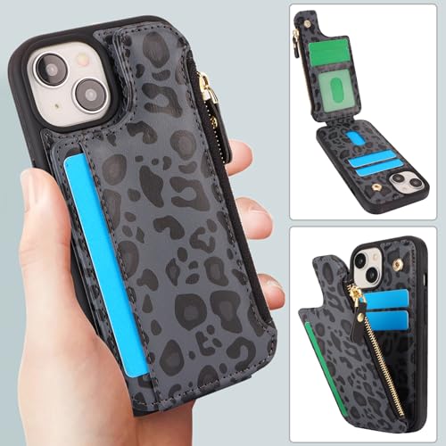 Cavor for iPhone 13 Case with Card Holder,for iPhone 14 Wallet Case for Women Men,Leather Magnetic Clasp Zipper Pocket Protective Phone Cover-Leopard Black by Cavor - Used condition - Image 3