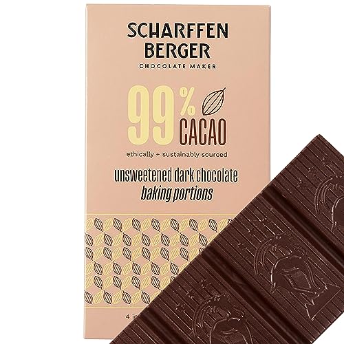 Scharffen Berger Baking Chocolate Bar (4 Ounce, Pack of 3) - Unsweetened Dark Chocolate Bar, 99% Cacao, Gluten Free, Non GMO Natural Chocolate Bars, Individual Baking Chocolate Block