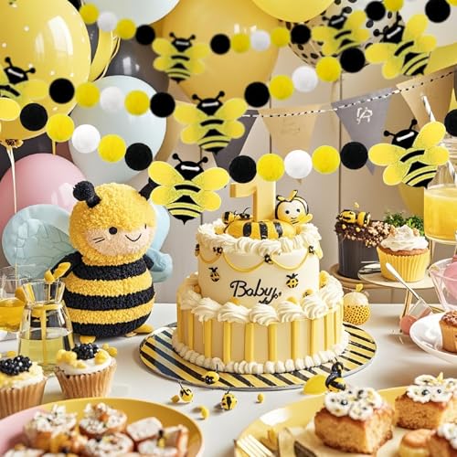 Image of 3 Pcs Honey Bee Decorations Bee Felt Garlands Pre-Strung Hanging Banner Bees Pom Pom Happy Bee's Day Party Supplies for Baby Shower Birthday Party