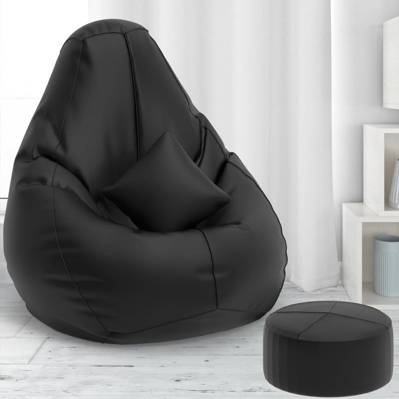 Image of Biggie Bean Bag with Beans Filled 4XL Bean Bag with Free Cushion and Footrest - Official : ElegantPuffPod Combo (Matching Color : Regular, Black), Faux Leather