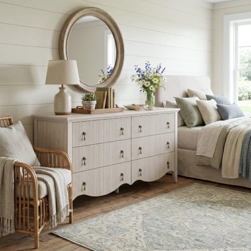 Image of 6-Drawer Fluted Dresser, 52 inch Wide Double Chest of Drawers,Nature Oak