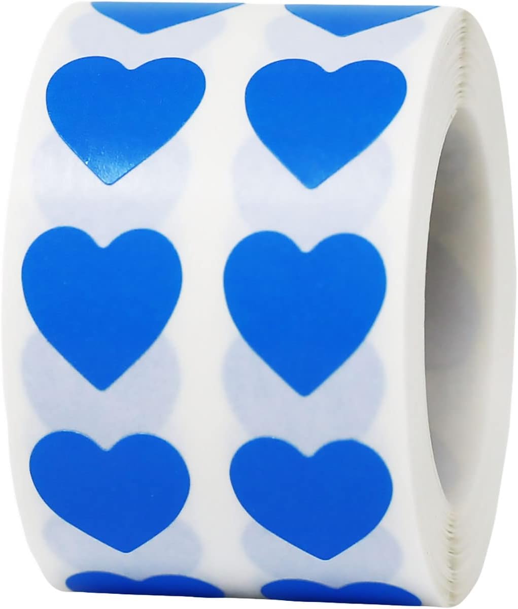 Blue Heart Semi-Gloss Stickers in 1/2" Inch, 1000 Adhesive Labels on a roll, Arts and Crafts, Envelope Seals, Valentine's Day Gift Tags for Gift Giving