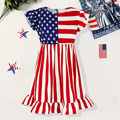 Girls Fourth Of July American Flag Dress Flutter Ruffle Sleeve A Line Stars Stripes Dresses 5-14 Years Kids #TOP2