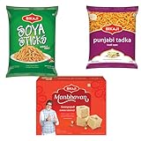 Bikaji Soan papdi manbhavan 500g & soya sticks 200g & punjabi tadka 200g | Indian Sweet & Savory Snack Combo | 900g (31.74oz) Gift Pack