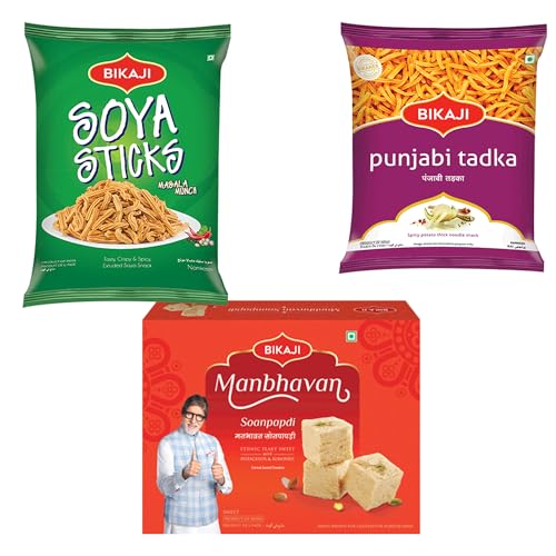 Bikaji Soan papdi manbhavan 500g & soya sticks 200g & punjabi tadka 200g | Indian Sweet & Savory Snack Combo | 900g (31.74oz) Gift Pack