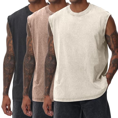 Yimoon Mens Tank Tops Workout Sleeveless Shirts Cotton Acid Wash Tees Loose Gym Muscle Shirts(BlackKhakiBeige-XXL)