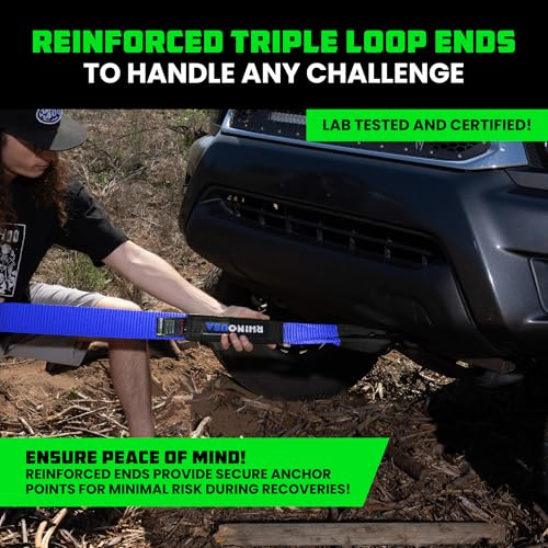 Image of Rhino USA Recovery Tow Strap (3 inchx20') - 31,518lb Break Strength- Emergency Recovery Strap Tow Rope for Truck, UTV, ATV & More - Heavy Duty Towing Strap for Offroad 4x4 Use- Compatible with Jeep (Blue)