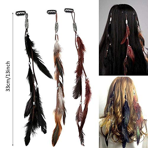 Icyang Women Feather Hair Clips, Handmade Boho Hippie Hair Extensions With Clip Comb Diy Accessories Hairpin Headdress, Set Of 3 #TOP4