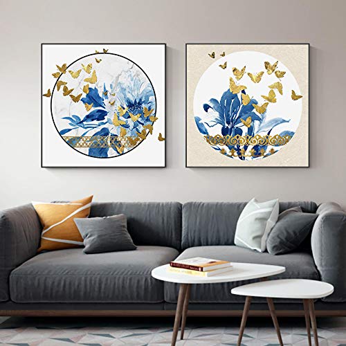 Toile abstraite fleur bleue or moderne deco grand salon contemporain lot de 2 affiches