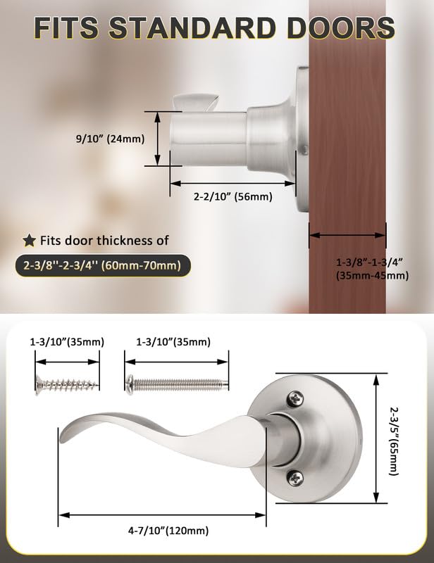 Image of Mengico 2 Pack Satin Nickel Dummy Door Lever, Single Left Side Door Handle for Closets, Non-Turning Pull Only Lever Set, Wave Style Interior Door Knob