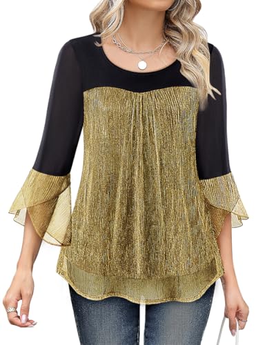 Bebonnie New Years Eve Outfits: Ladies Long Sleeve Winter Dress Shirts Elegant Sparkly Cocktail Dinner Party Blouses Evening Wear Flowy Wedding Guest Flattering Outfits to Hide Tummy Black Gold XL