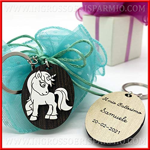Ingrosso & Sparmix, 20 Schlüsselhalter mit Anhänger aus Holz und Einhorn, personalisierbar mit Namen, Gastgeschenke zur Geburt, Taufe, 1. Geburtstag (ohne Personalisierung)