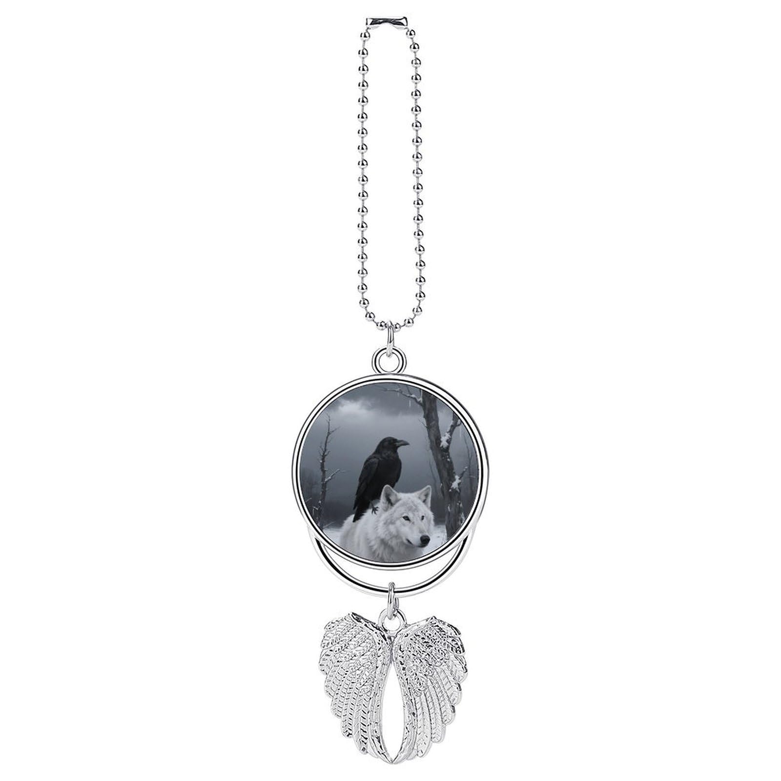 Crow and White Wolf Car Pendant Car Rearview Mirror Pendant Custom Photo Car Hanging Ornament Car Rear View Mirror Hanging Accessories Angel Wing Car Charm Gift for Men Women