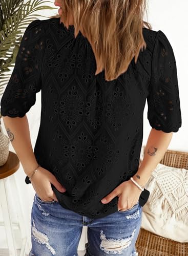 BETTE BOUTIK Womens Lace Tops 2025 Trendy Long Short Sleeve Eyelet Embroidered Dressy Casual Blouse Shirts