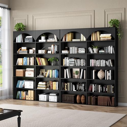 Gyfimoie 70.8’’ Tall Bookshelf and Bookcase of 2 pcs, 7-Tier Double Wide Bookcase Modern Large Open Display Shelves with Curved Baffle for Home Office Living Room (Black-2pcs)
