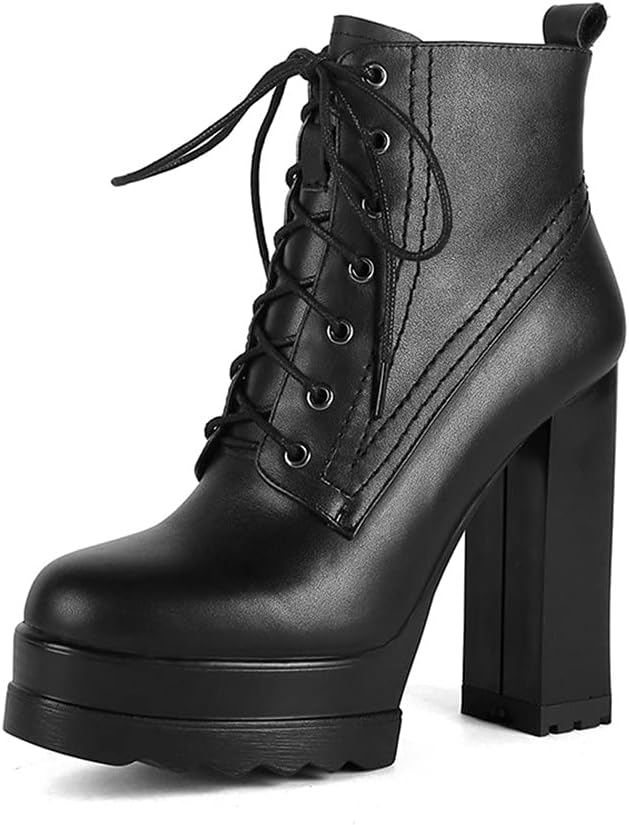 TinaCus Genuine Leather Round Toe Handmade Lace Up Side Zipper High Chunky Heel Women's Cool Ankle Boots with Platform