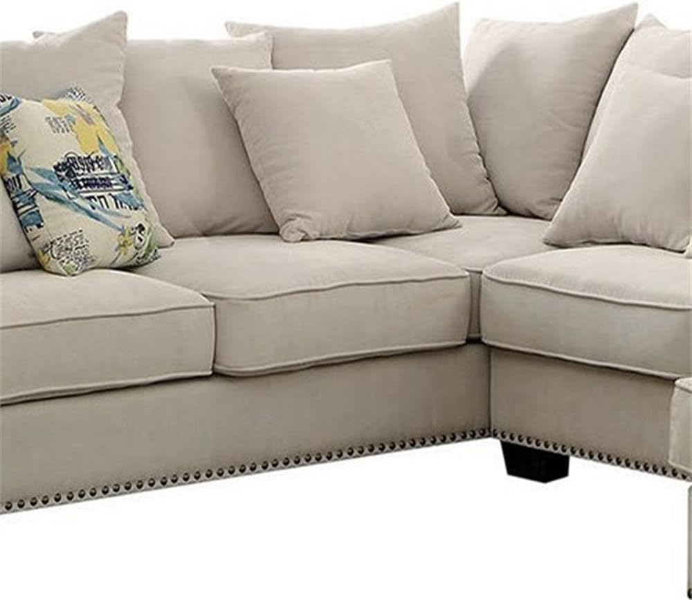 Pemberly Row Fabric Sectional Sofa, Beige Polyester Upholstery, Nailhead Trim, Rolled Armrests, Tapered Block Legs, 19.5 in Seat Height, 22 in Seat Depth, Toss Pillows Included, Living Room Seating