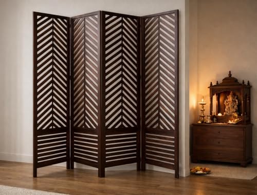 Image of Wooden Room Divider 6 Feet, 4-Panel Folding Wooden Partition for Living Room, Office, Pooja Room, Restaurant, Kitchen & Balcony (2W x 1.82H Meters). (Brown-Conical Pattern)