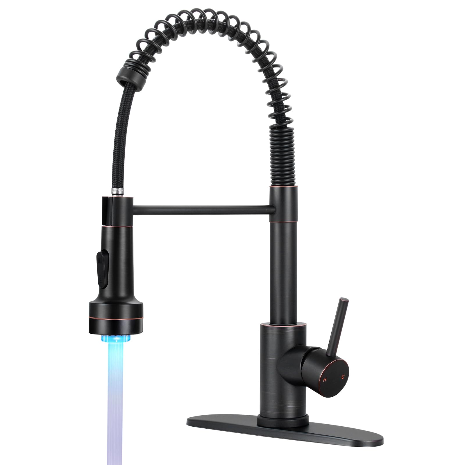 DJS Kitchen Faucets with Pull Down Sprayer Oil Rubbed Bronze -【LED Light】 Single Handle 1 or 3 Holes Spring Kitchen Sink Faucet with Deck Plate for Farmhouse RV Vessel Basin